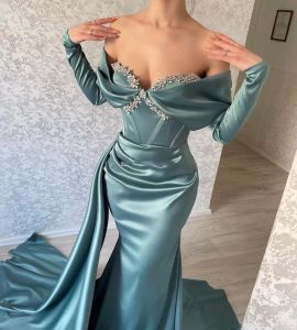 Seksowne eleganckie sukienki wieczorne syreny długie rękawy Suknie balowe kryształy z ramion pojemnik satynowy sukienka formalna