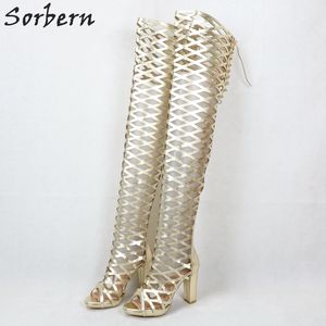 Sorbern Light Gold Shiny Boots 메쉬 크로스 블록 뒤꿈치 긴 여름 부팅 chunky 힐 허벅지 높은 여성 부팅 사용자 정의 색상