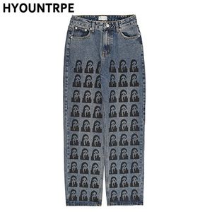 High Street Harajuku tryckt denim Pants Mens rak dragkedja jeans byxa hiphop streetwear casual lösa joggar jean byxor 201111