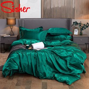 Solid Color Satin Washed Imitation Silk Bedding Set Quilt Duvet Cover Sets King Size With Pillowcase Double Queen Bed Linens 220616