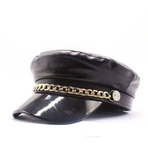 Ny modelack läder basker av hög kvalitet damer hattar fast färg platt topp hatt pu slouchy ben cap kvinnor punk hatt j220722