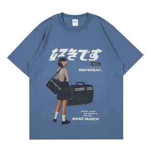 Camisetas masculinas Kpop azul retrô menina pôster impressão camiseta masculina manga curta tamanho grande japonês Kanji camisetas femininas vintage gráficas Streetwe