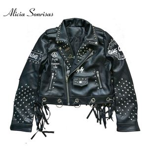 Women Black Leather Tassel Jacket Streetwear Rivets Punk Jackets Woman Streetwear Graffiti Printed Fringed Biker Coat 201030