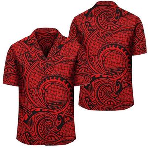 Men's Casual Shirts Men's Hawaii Shirt Polynesia Totem Tattoo Red 3D Tops Cuban Style Beach Summer Short Sleeve Oversize Clothing Vacati