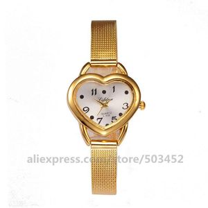 Avanadores de pulso 100pcs/lote vende women wristwatch Casual Heart Dial Ladies Watches Gold Color Bracelet Watch Relloguios Femininoswristwatches