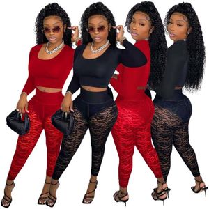 Kvinnors tvåbitar byxor sexiga set Autumn Clothes Women Solid Long Sleeve Crop Top Skinny Lace Legings Party Night Club Matching Streetwear