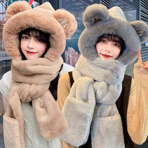 Winter New Ladies Hats Scarves Gloves Three in one Cute Warm and Cold proof Neck Collar Plush One piece Woman Keep Warm Cap T220805