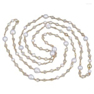 Kolye Kolye Takı 69 '' Beyaz Yuvarlak Keshi İnci Kristal Zincir Kolye Modaya Düzenli Altın Renk Kadınlar Charm Jewelrypendent