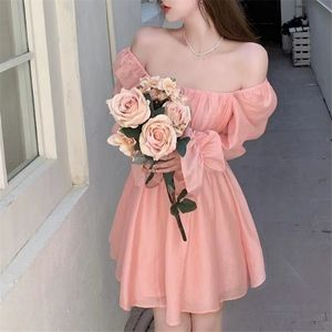 Różowy Słodki Elegancka Księżniczka Dres Casual Koreański Slim Z Długim Rękawem Fairy Dress Kobieta Backless Design Vintage 220402