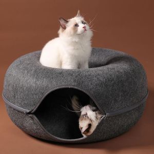 Cat Toys Cat Nest Donut Tunnel Bed Pets House Natural Felt Pet Cave Round Wool för små hundar Interactive Spela Toycat4976987