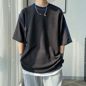 Camisetas Masculinas Hip Fashion Patchwork Oversized Men T-shirt 2023 Summer Streetwear Mangas Curtas Masculino Pulôver com Decote em O de Malha Camisetas Masculinas Masculinas