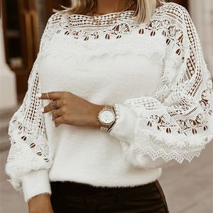 Celmia Women Autumn Plush Pullovers Sweaters Elegant Long Lantern Sleeve Shirt Tunic Fashion Lace Hollow p￤ls Top Streetwear 220812