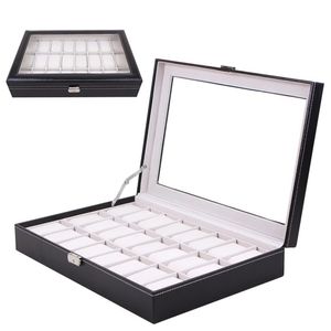 24 Grids Black PU Leather Wrist Watch Box Jewelry Storage Case Box Organizer Holder Foam Pad Pillow Transparent Package T200523