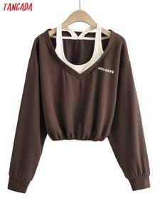Tangada Women Fashion Print Off Shoulder Patchwork Sweatshirts Oversize Long Sleeve Crop Pullovers Female Tops 4P46 220815