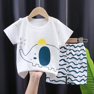 Kläder set sommar baby pojke flicka kläder set pyjamas kostym spädbarn född kort ärm elefanttryck kostym bomullssatser klädsel