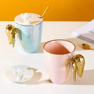 Mugs Pearl White Pink Blue Coffee Cups With Angel Lid Wing Handle Spoon Cute Porcelain Tea Milk Water Mug Wedding Birthday Gifts