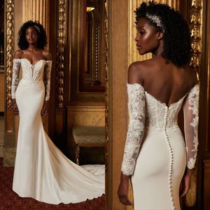 African Mermaid Wedding Dresses 2022 Elegant Bridal Gowns Lace Top Long Sleeved Buttons Stylish Robe De Soirée