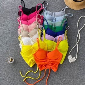 Singreiny Women Drawstring Rem Crop Tops Sexy Ärmlös V Neck Slim Y2K Summer Korean Off Shoulder Short Camisole 220316