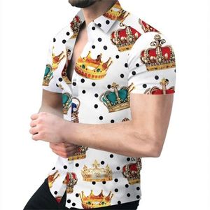 Mens Shirts Summer Trend Crown 3D Printing Lapel Trendy Cardigan Street Fashion Casual Short Sleeve Tops 220623