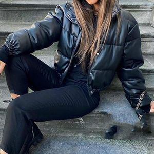 Kvinnor Down Parkas 2022 Winter Pu Läderjacka damer Black Short Women Parka Coat Fashionwear Solid Casual Outwear Clothes Kare