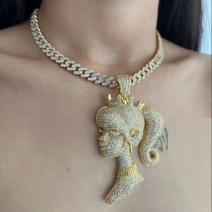 Chains Iced Out Bling Full Paved 5A Cubic Zirconia Fashion Crown Girl Head Shape Pendant Necklace For Women Hip Hop Gold Plated JewelryChain