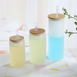 25oz Sublimation Glass Beer Mugs with Bamboo Lid Straw DIY Blanks Frosted Clear Can Shaped Mug Cups Heat Transfer Cocktail Iced Coffee Soda Whiskey Glasses 0322