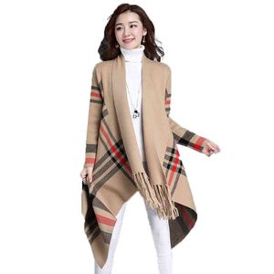 2021 мода осень зима женские трикотажные одежды кардиган полосатый кисточкой воротник длинный свитер PONCHO шаль Wholale Pashmina Scarf