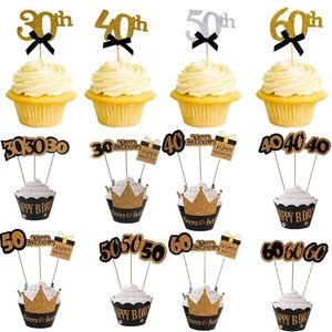 30 40 50 60 år gammal cupcake toppers födelsedagsfest jubileum vuxen 30: e 40: e 50: e tårtdekorationer leveranser y200618