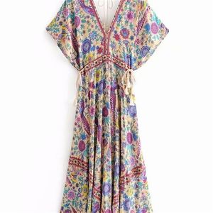 Vintage Chic Women Peacock Floral Print Bat Mleeve Beach Bohemian Maxi Sukienki szlafropowe damskie mąki w dekolcie Summer boho sukienka 220621