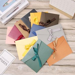 Present Wrap 10st/Set Retro Pearlescent Paper Envelope Bow Tjock Ribbon Creative Color Greet Card Bags For Wedding Invited PostcardsGift