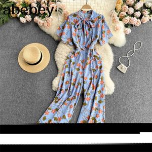 Kvinnor Retrotryck Jumpsuits Korean Sexig Bow Collar Short Sleeve Lace Rompers Summer Off Shoulder Boho Long Rompers 210715