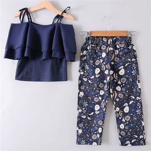 Summer Teen Girls Chffion Vest T Shirt Flower Pants Clothing Set Children Barn Kausaldräkt kläder Flickkläder i 4 14 år 220620