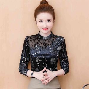 JXMYY Black gold velvet top women's spring and autumn sexy lace stitching high-end long-sleeved inner bottoming shirt 210412