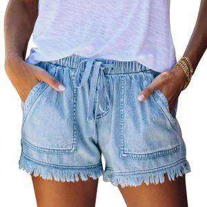 Leichte Damen-Jeans-Shorts, lässig, Baggy, trendige kurze Jeanshose, elastische Taille, Kordelzug