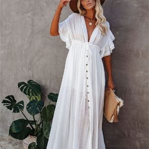 Sexig bikini täcker långa vita tunika avslappnade sommarstrandklänningar eleganta kvinnor kläder bär baddräkt täcker q1208 220615