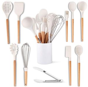 Silikon-Kochutensilien-Set, 11-teilig, Holzgriff, ungiftig, BPA-frei, Silikon-Löffel, Spatel, Wender, Zange, Küchenhelfer, Utensilien-Set mit Halter