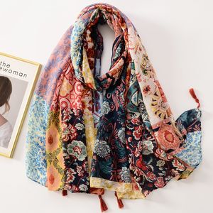 S2944 Bohemian Fashion Spring Summer Women Slik Scarf Sun-screen Cotton and linen Fleeing Scarf Big Gauze Shawls Soft Beach Shawl Florals Towel Scarves