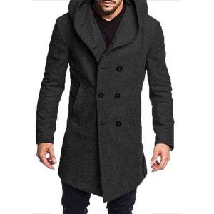 Moda uomo con cappuccio manica lunga inverno caldo cappotto di lana di alta qualità parka collo con cappuccio trench outwear soprabito giacca lunga peacoat top T220810