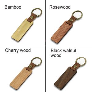 DIY Wood Keyring For Men Women Wooden Keychain Key ring Square Round Wood Chips PU Leather Keychains