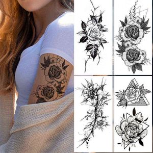 NXY Temporary Tattoo Waterproof Rose Flower Sketch Stickers Black and White Flowers Sexy Woman Fake Body Makeup 0330