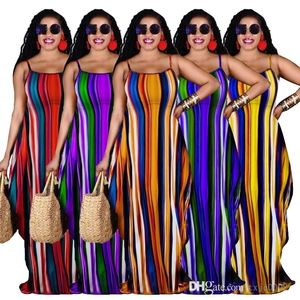 Summer Womens Casual Maxi Dresses Fashion Loose Striped Print Long Sundress Sexy Sleeveless Suspender Dress With Pockets