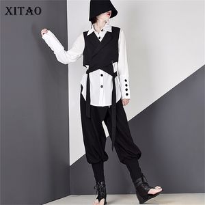 XITAO女性プリーツブラウス韓国ファッションシングル胸肉秋ターンダウンカラーエレガントな女神フレッシュシャツ210226