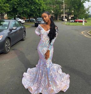 white Lace Sequins Long Sparkly Gala Prom Dresses 2022 Sexy Mermaid Off The Shoulder Long Sleeves African Ladies Black Girl Sequin evening gowns