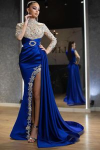 Vintage High Neck Evening Dresses Luxury Beaded Crystals Illusion Bodice Long Sleeves Split Formal Party Occasion Prom Gowns Arbaic Dubai Dress BC11420 0419