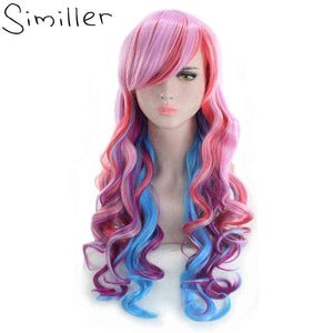 Similler Parrucche sintetiche ricci lunghi per le donne Capelli resistenti al calore Parrucca cosplay arcobaleno multicolore Rosso Rosa Verde Colore misto 220622