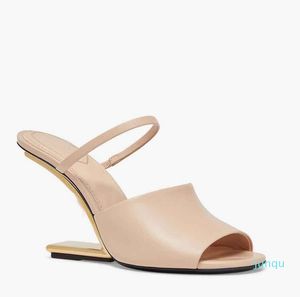Luxus Sommer First Sandals Schuhe für Frauen Mules Gold-Ton-Ferse Open Toe Braun nackt schwarze High Heels Ausgezeichnete Dame Pumps-Party Hochzeit