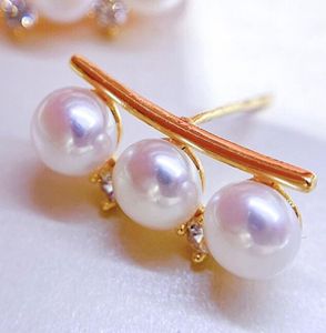 Pielęce poprzeczne 14K Gold Crystal równolegle 3 koraliki Studs Ear Natural słodkowodne kolczyki perłowe Białe damę/dziewczyna moda biżuteria ślubna