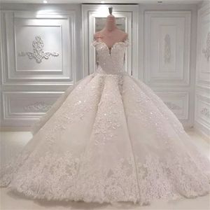 Luxury Princess Wedding Dresses Puffy Big Train Tulle Lace Beaded Crystal Real Photo Bride Gown Custom Made