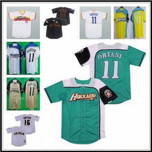 Uomini Giappone Hokkaido Nippon Ham Fighters # 16 Shohei Ohtani # 11 Maglia da baseball cucita Bianco Nero Verde Fan alternati Uniformi Personalizzate