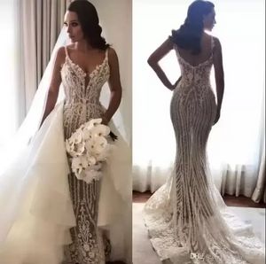 Luxury Arabic Beading Appliques Mermaid Wedding Dresses 2022 Spaghetti Straps Illusion Lace Wedding Bridal Gowns with Detachable Skirt